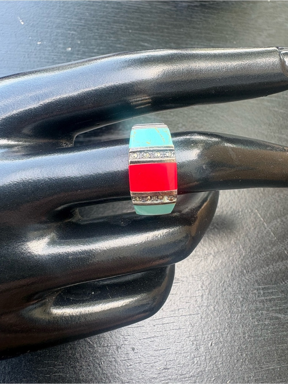 Vintage Sterling Silver Southwest Turquoise and Coral Statement Ring - Size 7.75